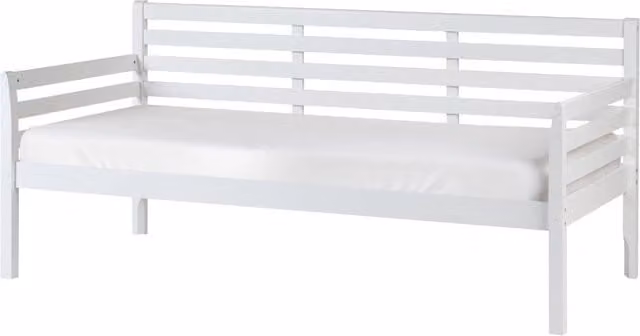 Divano letto in legno di gomma bianca, misura singola 90 x 200 cm con rete a doghe in stile moderno