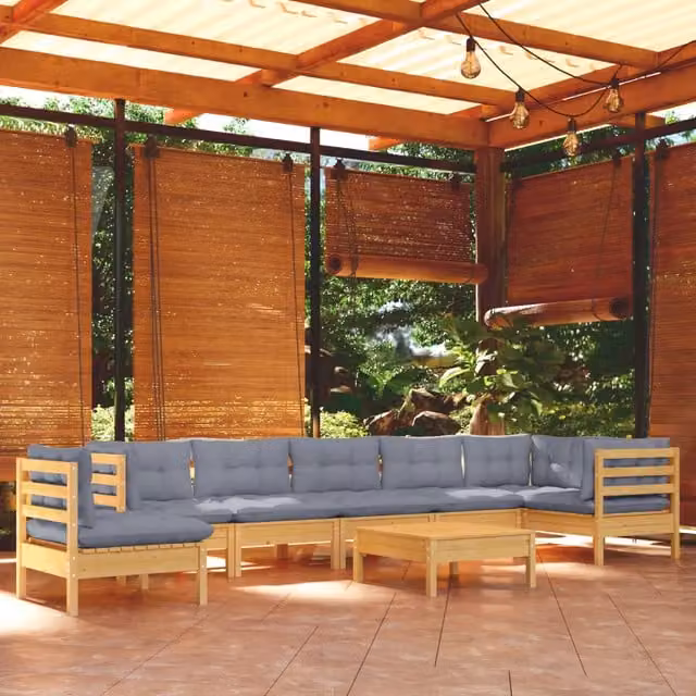 Set Divani da Giardino 9 pz con Cuscini Grigi Massello di Pino 3096736