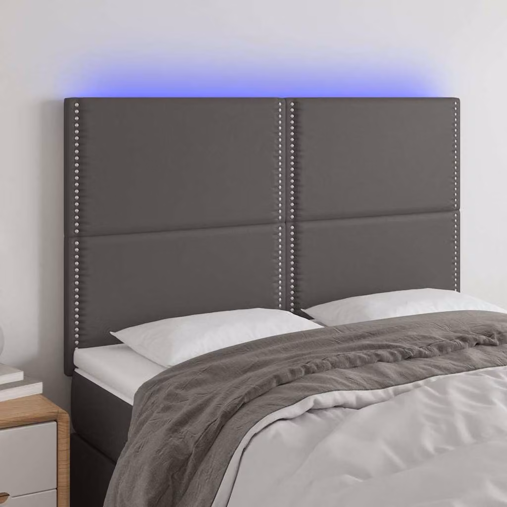 Testiera con LED e porta USB vidaXL in similpelle grigia, L: 144 cm, P: 5 cm, H: 118/128 cm