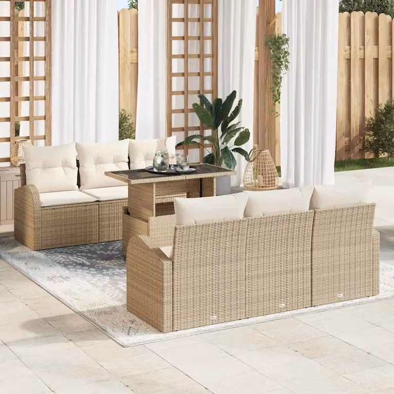 vidaXL Set Divano da Giardino 7 pz a Forma a U Beige con Cuscini e Tavolino da Esterno in Rattan e Metallo