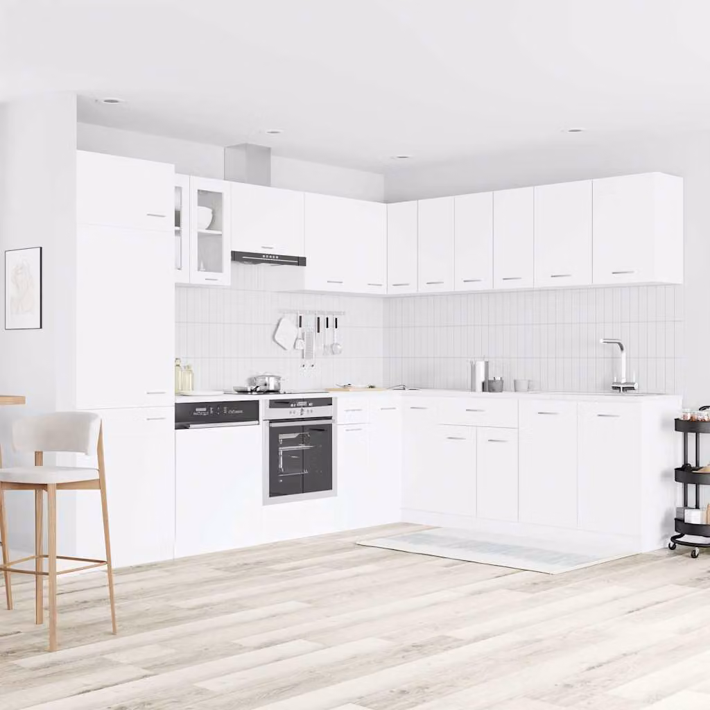 Set di armadi da cucina moderni vidaXL Lyon, 14 pezzi, bianco opaco in legno e vetro