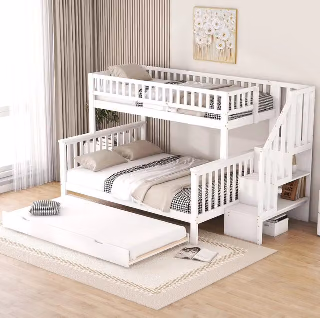 Letto a castello bianco con letto estraibile; 90x200 e 140x200 cm; pino