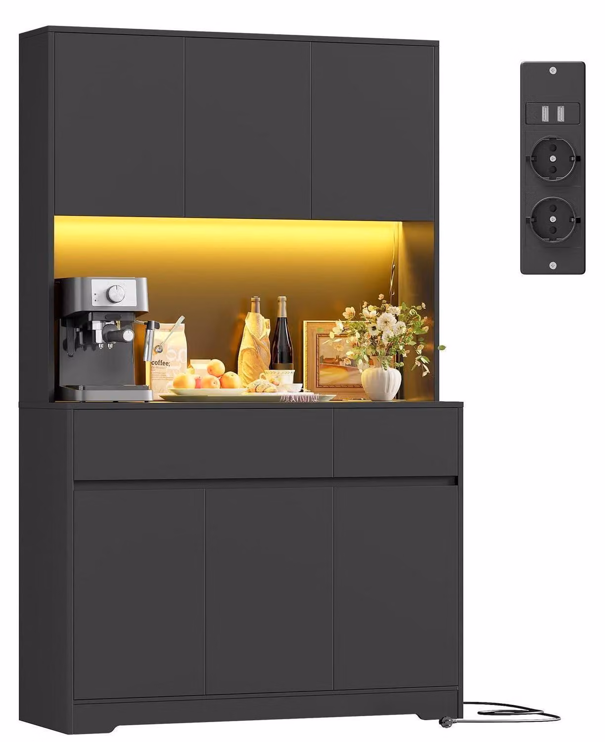 Mobiletto da cucina/credenza con illuminazione a LED e presa di corrente, dimensioni 180x100x38,5 cm, colore nero