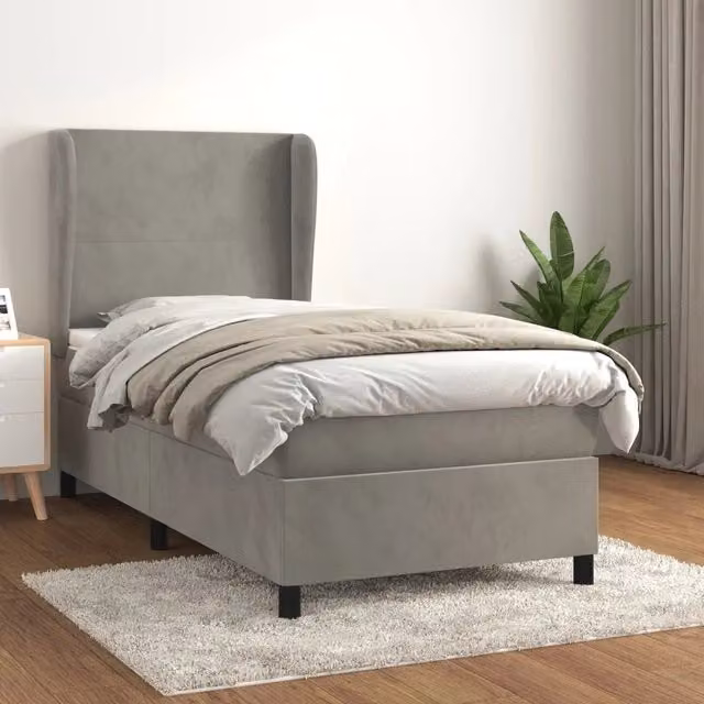 Letto Ibrido vidaXL con Giroletto a Molle e Materasso in Velluto Grigio e Bianco, Struttura in Legno di Larice, L/P/H: 90 x 200 x 93 cm