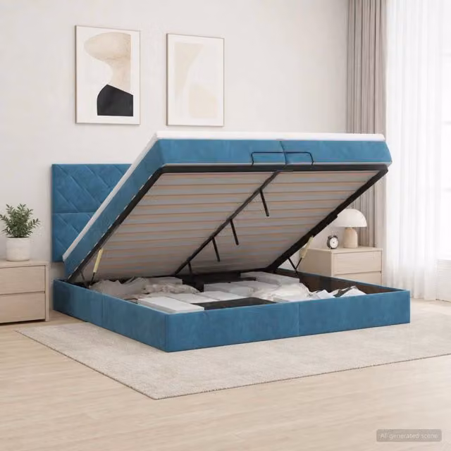 Letto ottomano moderno vidaXL in velluto blu e bianco con base a sollevamento e materasso a molle L/P/H: 203 x 200 x 88 cm