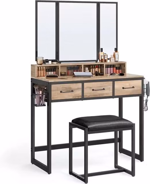 Set da toeletta con sgabello 40 x 90 x 141 cm imbottito con triplo specchio 3 cassetti portaphon e contenitore portaoggetti. Stile industriale marrone rustico e nero. 12_0005420