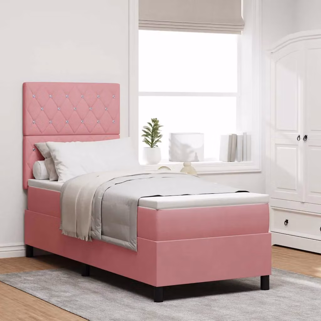 Letto moderno vidaXL in velluto rosa con illuminazione LED sottostante e materasso, L: 80 cm, P: 200 cm