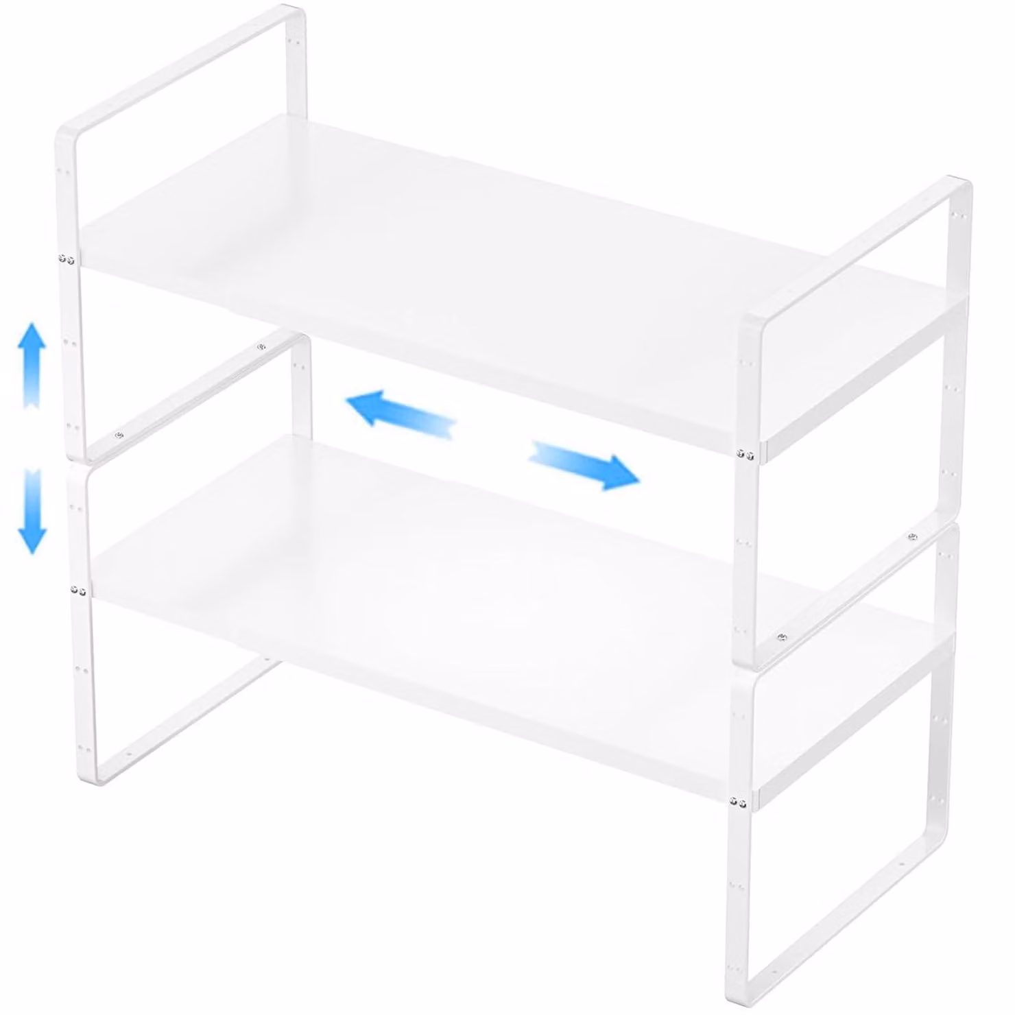 Organizzatore per scaffali da cucina, set da 2, bianco, impilabile, in metallo, regolabile da 41,9 a 69,8 cm