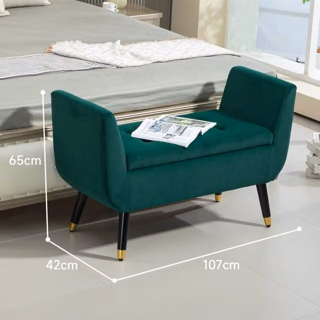 Sitzbank imbottita con vano contenitore WISHDOR in velluto verde con struttura in legno di caucciù, L 107 x P 42 x H 65 cm