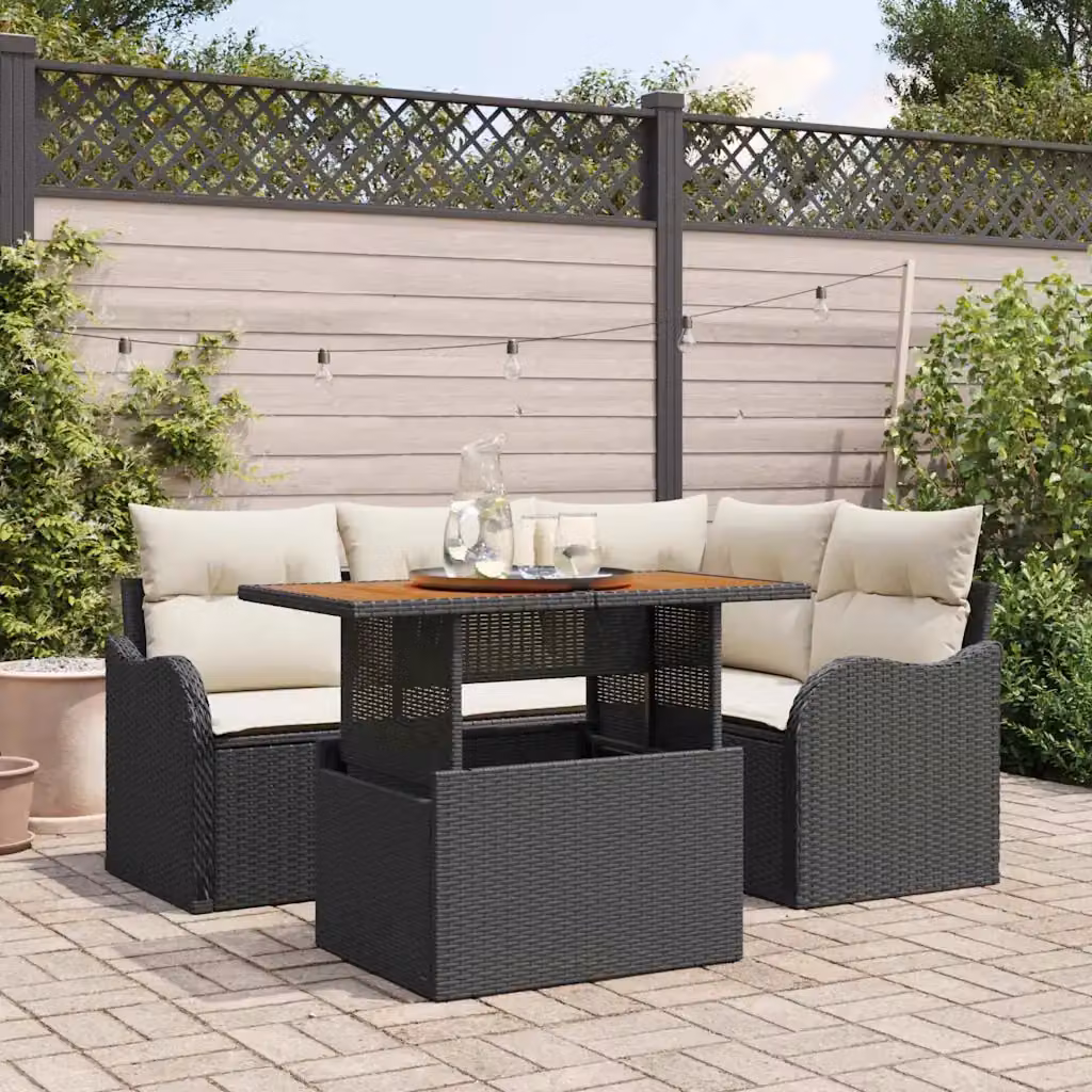 Set Divano da Giardino vidaXL 5 Pezzi L-Shape Nero e Beige con Cuscini e Tavolino – 1