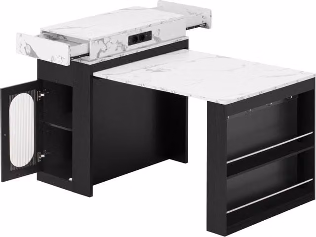Tavolo da pranzo nero con piano allungabile e ruote, isola cucina multifunzionale con prese elettriche e ganci, 83×46~146,5×96 cm