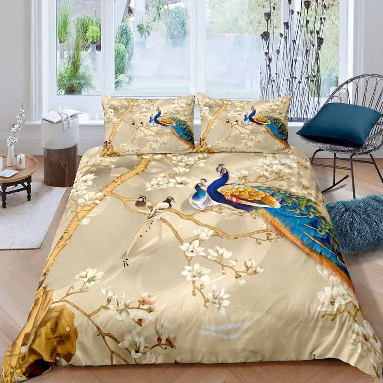 Set di lenzuola con copripiumino, motivo pavoni e fiori, misura singola