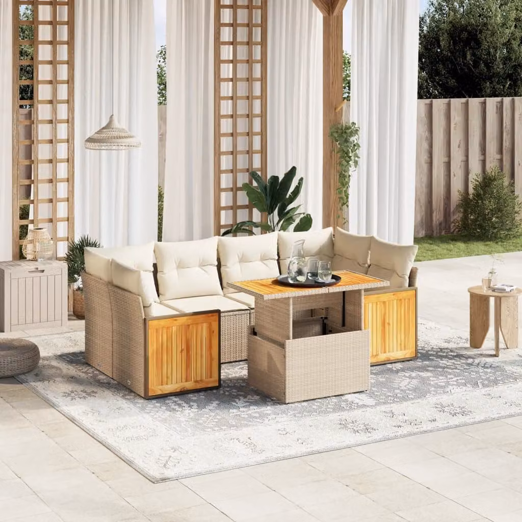 vidaXL Set Divani da Giardino 7 pz a Forma a L in Polyrattan con Cuscini Beige e Tavolino da Caffè – 1