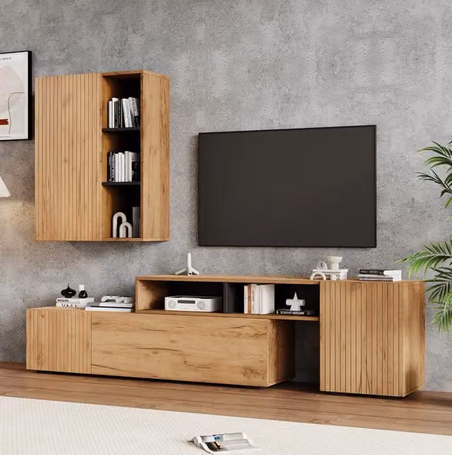 Set mobile TV con pensile; regolabile 174-265 cm; pannello truciolare rovere e nero