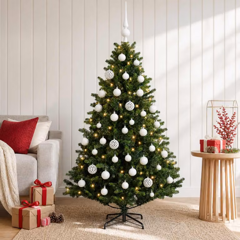Albero di Natale artificiale con decorazioni a sfera, altezza 120 cm, 150 luci LED