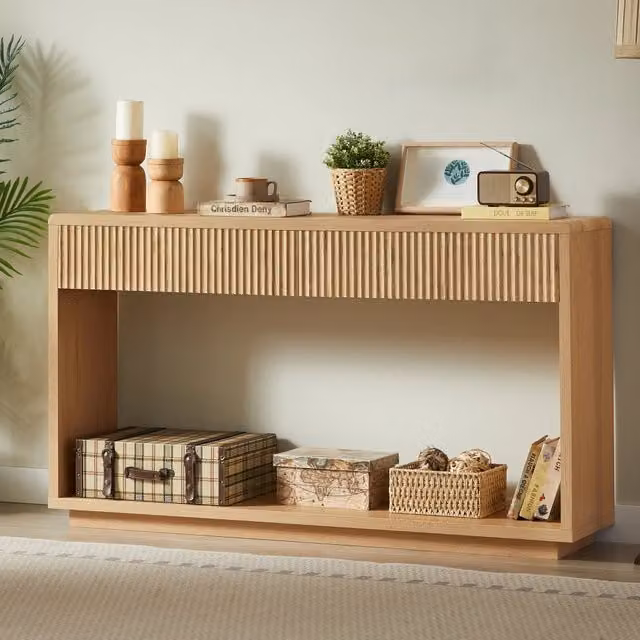 Consolle ingresso moderna 150 cm, 2 cassetti capienti e ripiano aperto inferiore, per corridoio e soggiorno, colore rovere chiaro