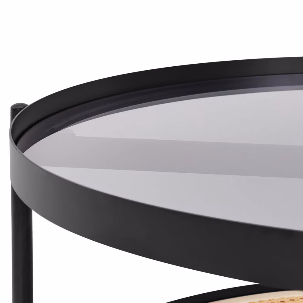 Tavolino rotondo BELIANI con piano in vetro e struttura in metallo nero e dettagli in rattan stile moderno – 2