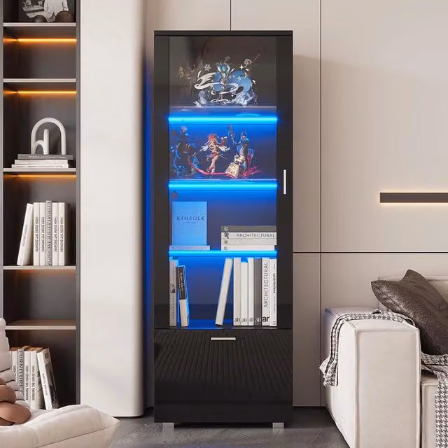 Vetrina collezionismo illuminata LED - Xylo - Porte nere lucide (3 ripiani)