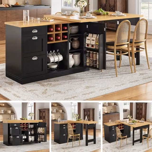 Tavolo da cucina estraibile salvaspazio ¨C Minimal ¨C Nero metallo, con cassetto e ripiano portavino, 360¡ã girevole pieghevole