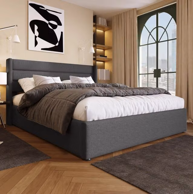 Letto matrimoniale imbottito MODFU con contenitore e rete sollevabile in lino grigio, L/P: 140 x 200 cm – 1