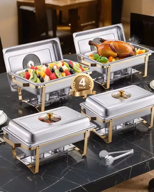 Set 4 Scaldavivande Rettangolari HZ-433B 7,5 L in Acciaio Inox Oro per Buffet Chafing Dish con Coperchio in Vetro e Supporto Pieghevole