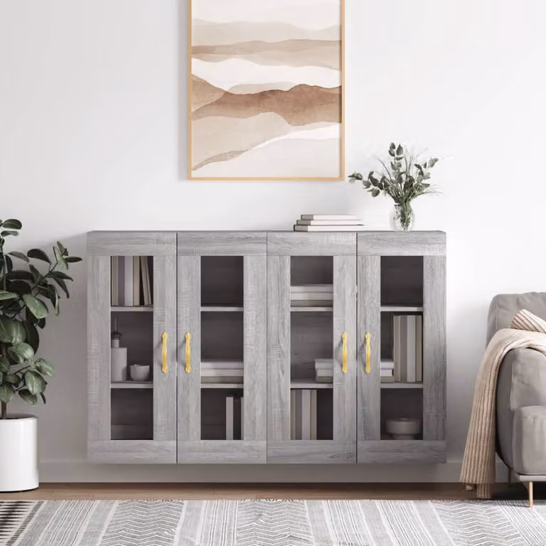 Set di 2 armadietti a parete vidaXL in legno e vetro con ante in vetro, colore grigio opaco