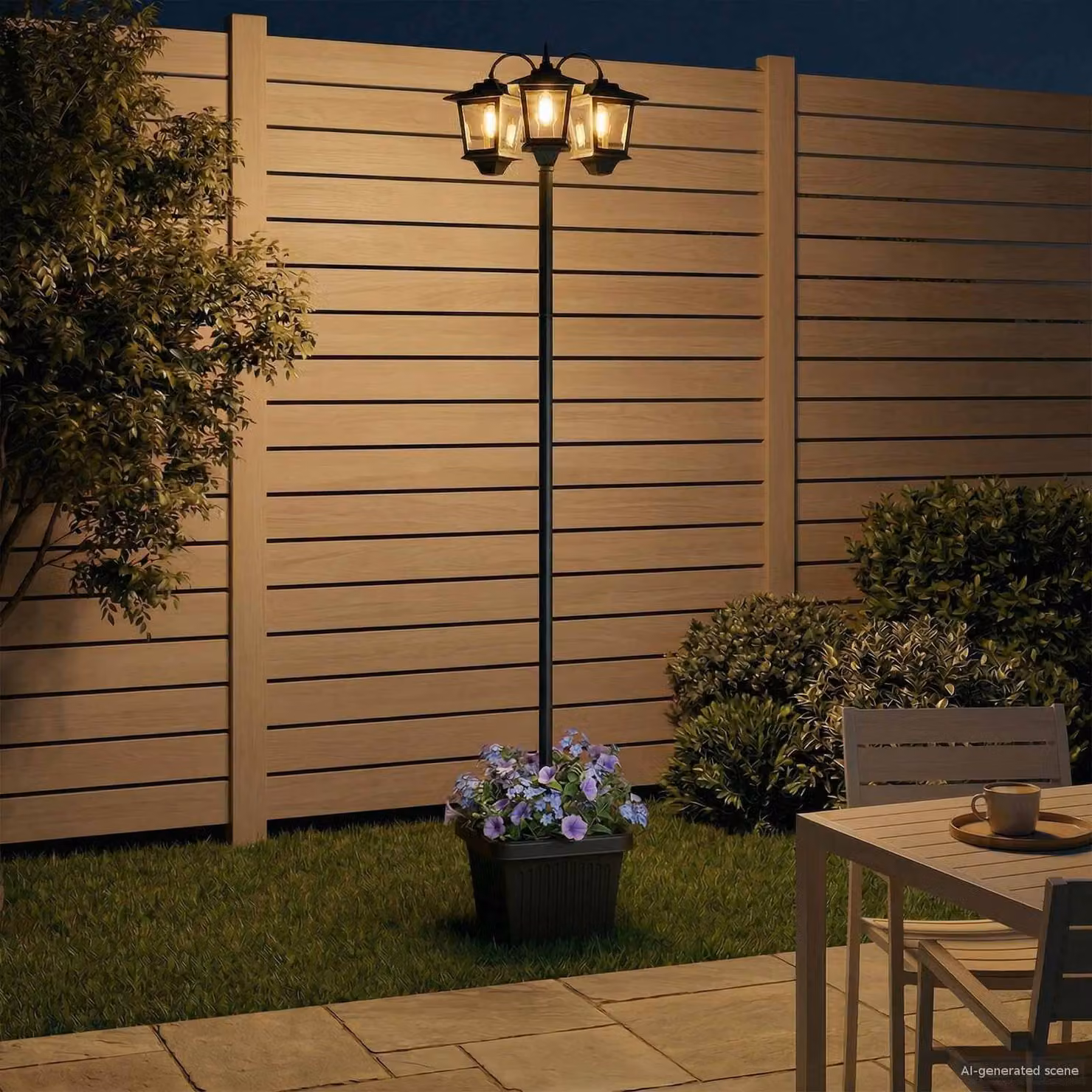 Lampione da giardino con 3 vasi e LED vidaXL, Nero, L/P/H: 32 x 32 x 188 cm