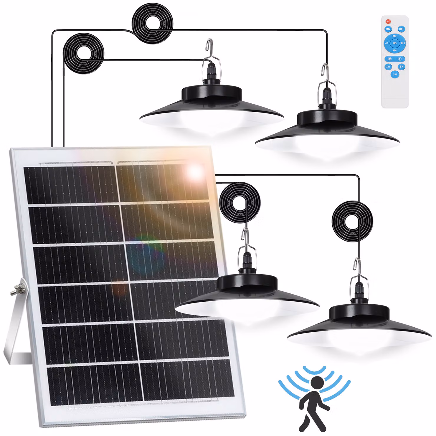 Lampada solare a LED con sensore di movimento, lampada a sospensione bianco freddo IP65, lampada da giardino dimmerabile con timer e 5 modalità, per balconi e gazebo (4 lampade)