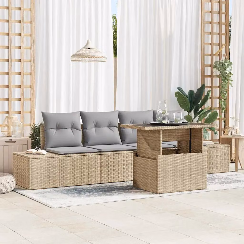Set di divani da giardino vidaXL in polyrattan beige e grigio con cuscini e tavolino da esterno