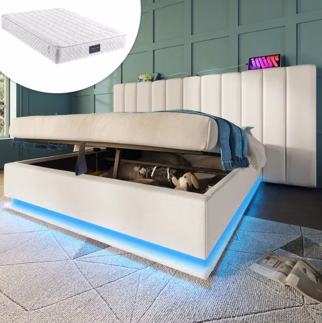 Letto contenitore 160x200 cm in PU bianco con LED 360°; USB; Type-C e materasso