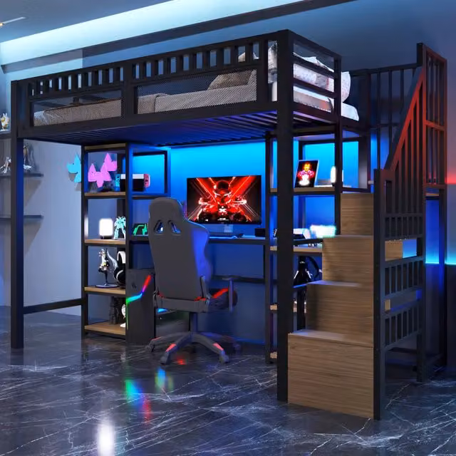 Letto a soppalco Mivray nero con scrivania, scala con gradini, vani contenitori, illuminazione LED e porta USB in metallo e MDF, L/P: 90 x 200 cm – 1