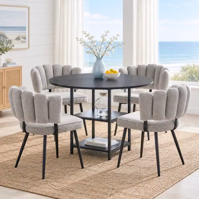 Set tavolo rotondo 107 cm con 4 sedie grigie e ripiani