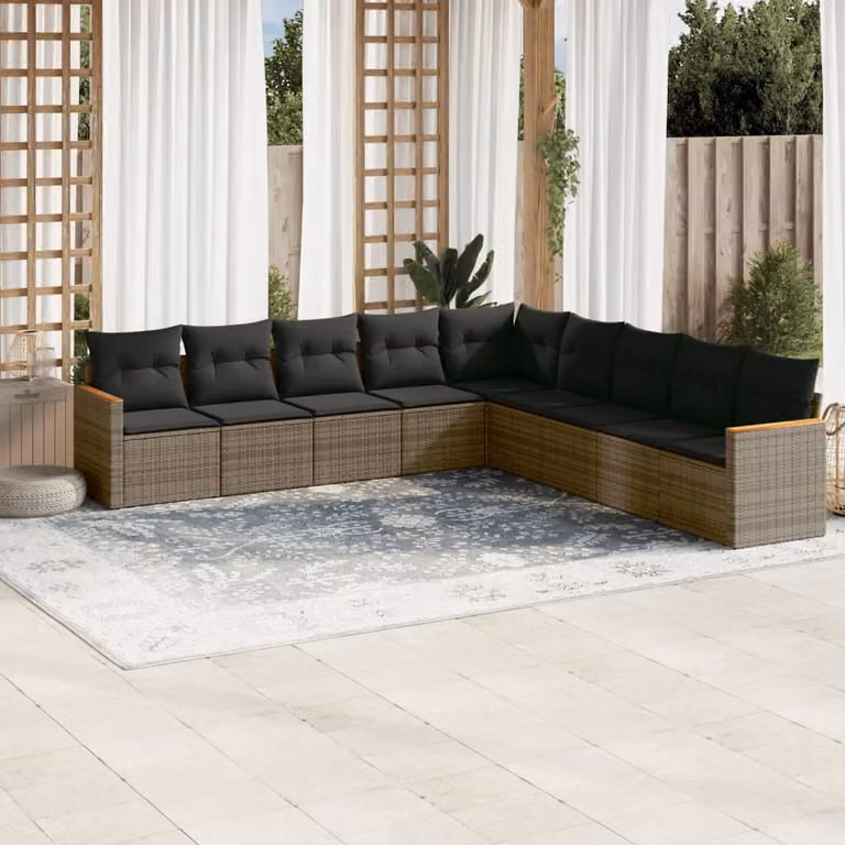 vidaXL Set Divano da Giardino a L in Polyrattan Grigio con 9 Cuscini Imbottiti e Coperture Rimovibili