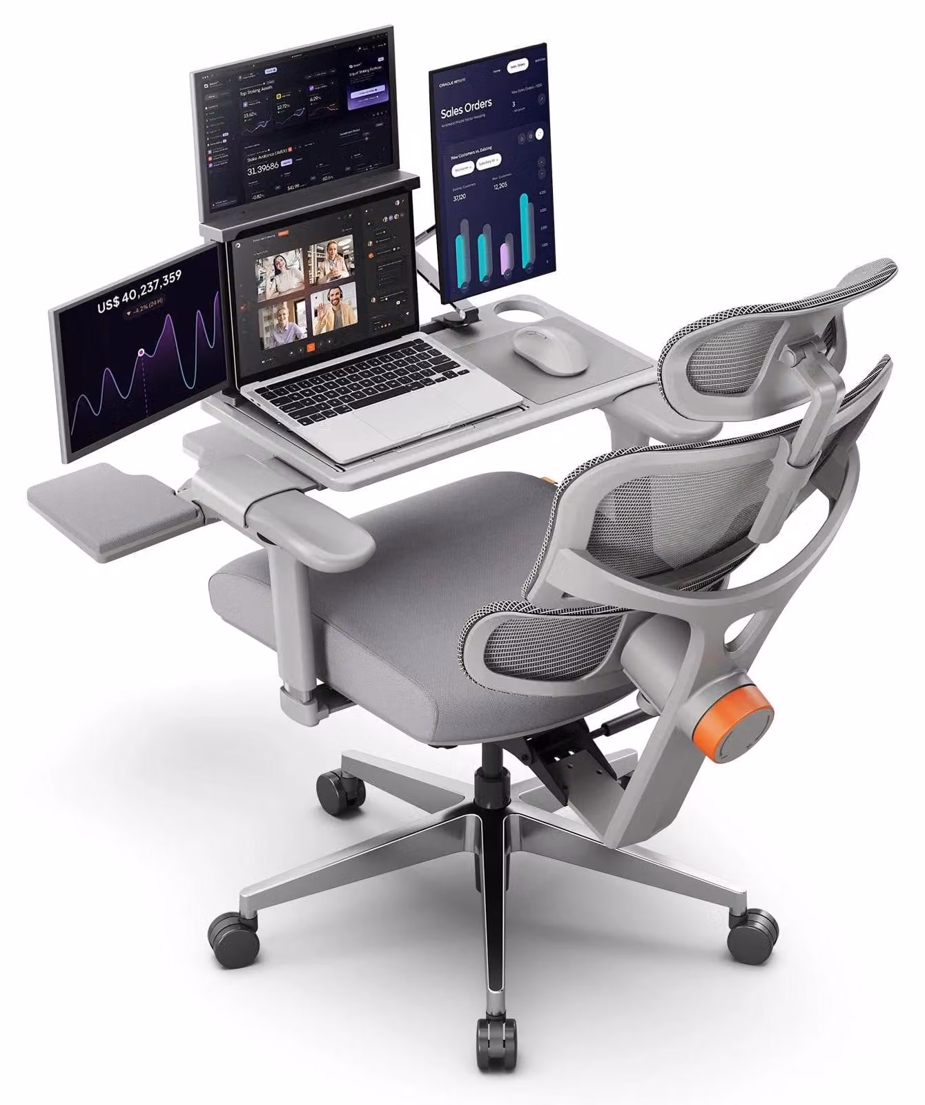 Sedia da ufficio ergonomica - NT002 con piano d'appoggio - Supporto lombare adattivo - Poggiapiedi - 4 livelli di inclinazione - Schienale, braccioli e poggiatesta regolabili - Girevole con rotelle - Grigio