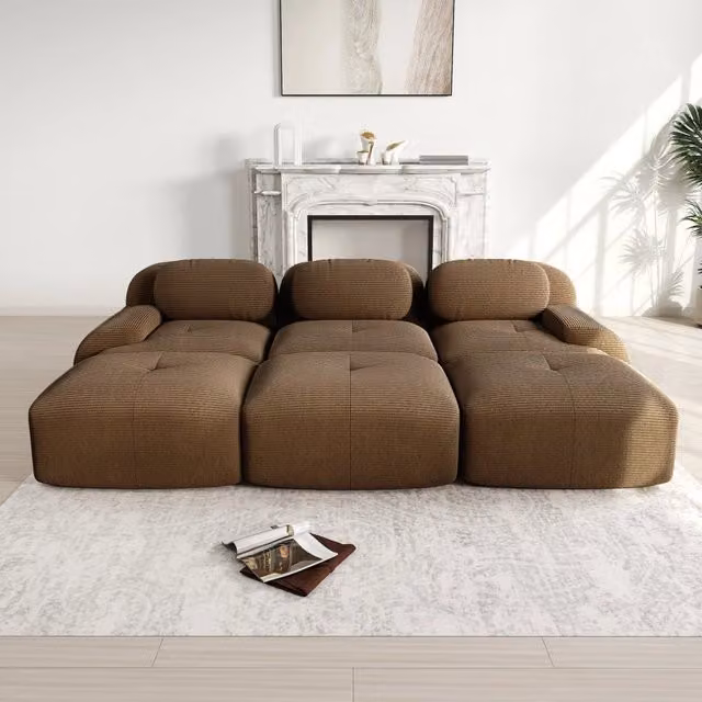 Divano modulare 3 posti in velluto a coste marrone con 3 pouf, 298 x 178 x 70 cm, schiuma ad alta densità 32D