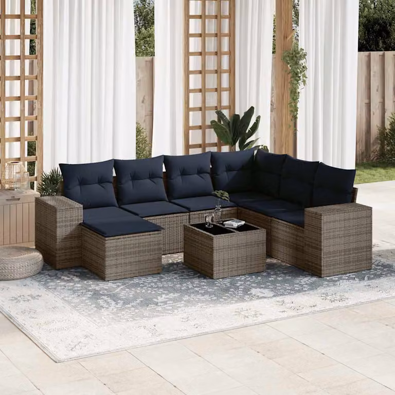 Set di divani da giardino vidaXL in polyrattan grigio con cuscini, tavolino e pouf per 8 persone