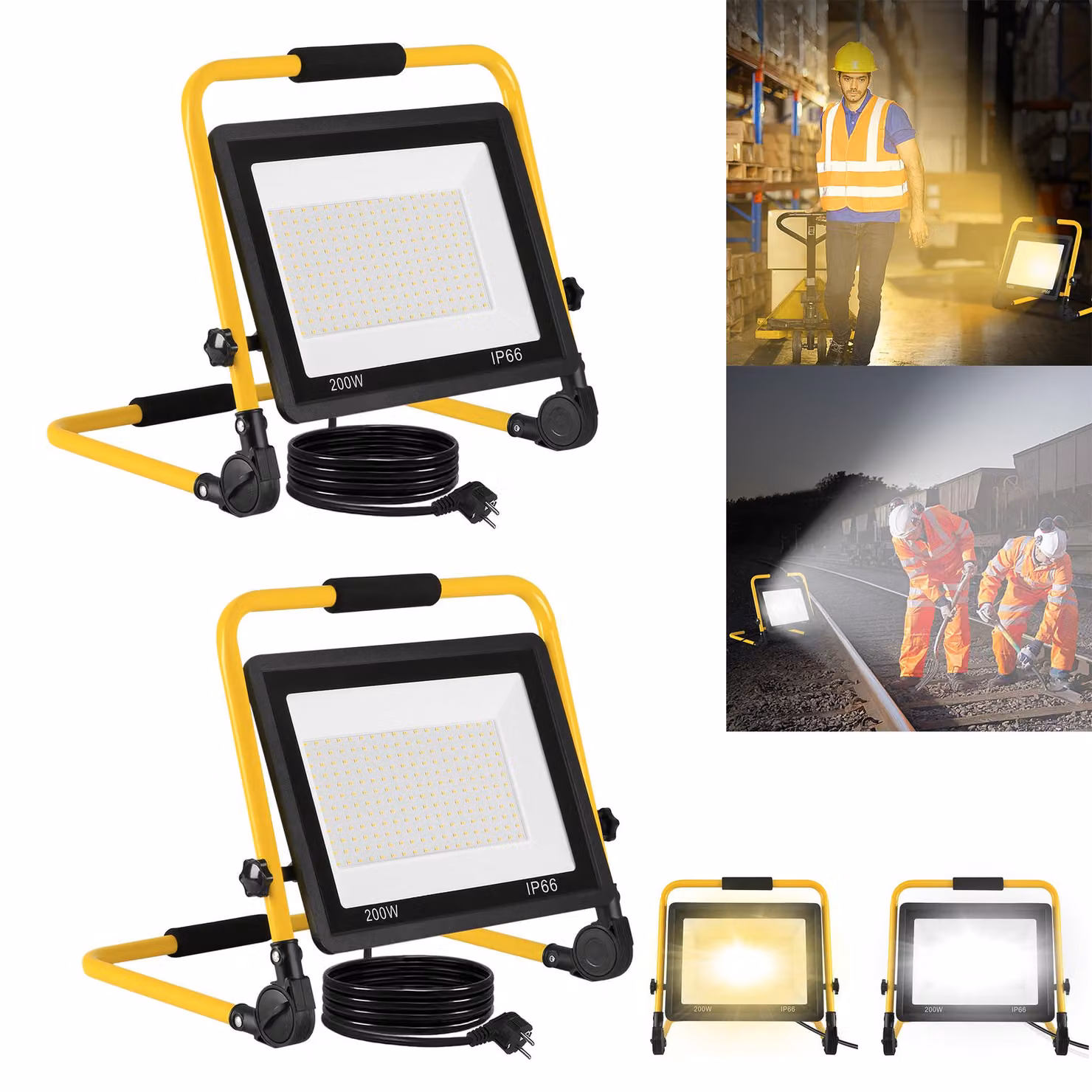 VA-Cerulean, faretto LED da 200W, set da 2 pezzi, luce calda 3000K, grado di protezione IP66, ideale per cantieri