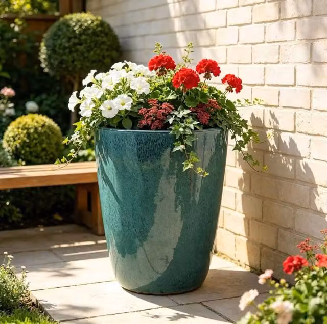 Vaso per piante in ceramica turchese Ø 38,5 x H 49,5 cm con drenaggio