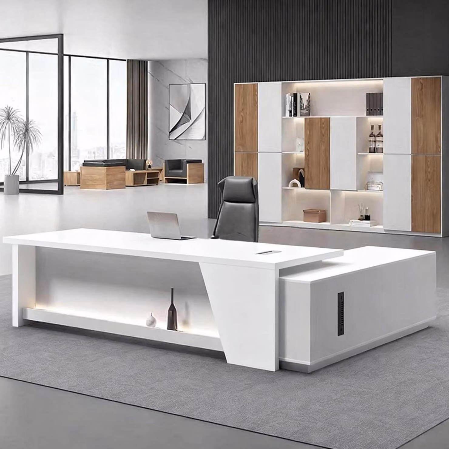 Scrivania a forma di L con spazio contenitore, colore nero e bianco, dimensioni 170x80x75 cm