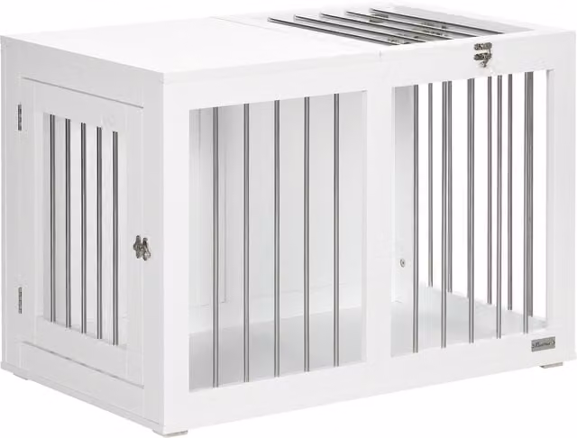 Casetta per cani PawHut per taglia media con 2 porte bloccabili in acciaio e MDF, Bianco, L: 80 cm, P: 50 cm, H: 56.5 cm