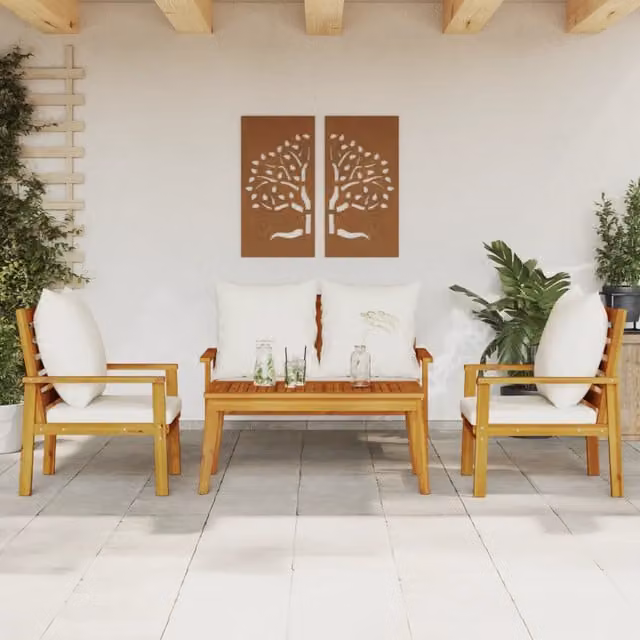 vidaXL Set Salotto da Giardino 4pz in Legno di Acacia con Cuscini Imbottiti Marrone e Bianco