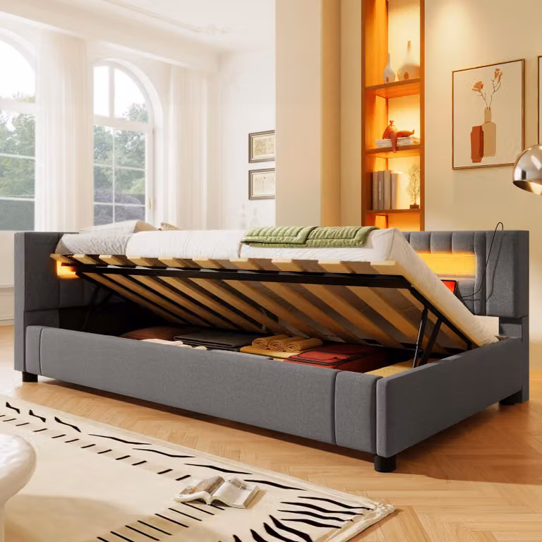 Divano letto STILVORA con rete, letto da giorno imbottito 90×200 con contenitore, letto per ragazzi con USB + TYPE-C, struttura letto senza materasso