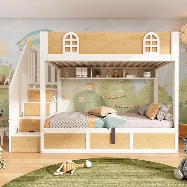 Letto a Castello per Bambini con Scaletta Contenitore ¨C MINIMAL ¨C Bianco/Legno, 90x200, Rete a Doghe
