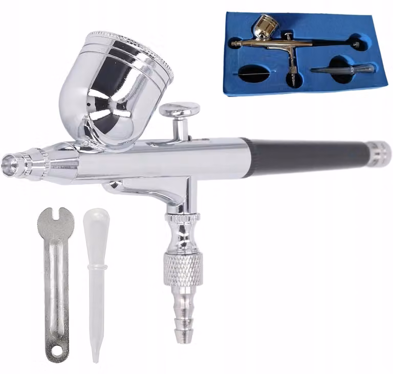 Aerografo con ugello da 0,2 mm, serbatoio metallico da 7 ml, fornito in custodia