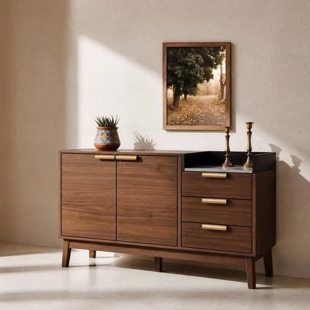 Credenza da soggiorno 120x40x77 cm in effetto rovere con piano effetto marmo; 3 cassetti e ante