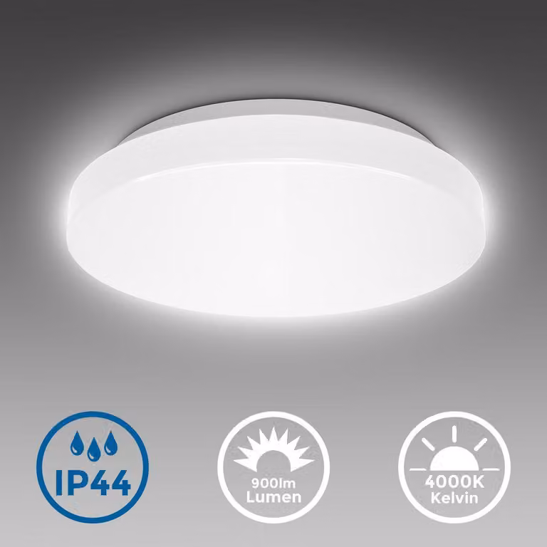 B.K.Licht Plafoniera LED da bagno 10W, luce bianca naturale 4000K, LED integrati 900Lm, lampadario bagno resistente agli schizzi d?acqua IP44, Ø22cm, versione S, lampada da soffitto in plastica, 230V