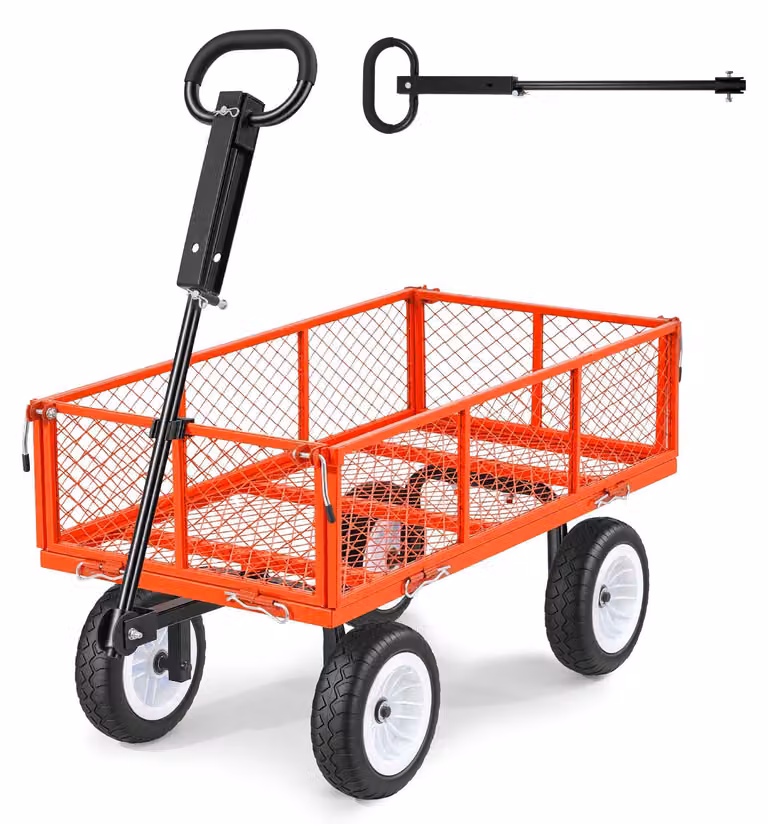 Carrello da giardino - Carrello da trasporto per carichi pesanti - Portata 408 kg - Pneumatici inPoliuretanoanti-foratura - Maniglia regolabile - Pareti laterali rimovibili - Agganciabile a ATV/trattore - Rosso