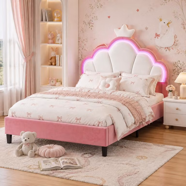 Letto matrimoniale INONEFT, 140 x 190 cm, letto per bambini con testiera a forma di  e illuminazione LED, letto imbottito con rete a doghe, tessuto velluto, rosa e bianco, senza materasso