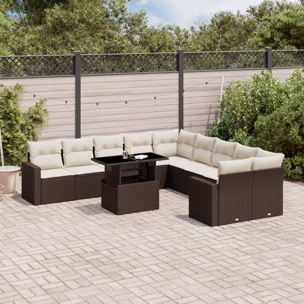 Set di Divani da Giardino vidaXL 11 pz con Cuscini e Tavolino in Polyrattan Marrone e Bianco – 1