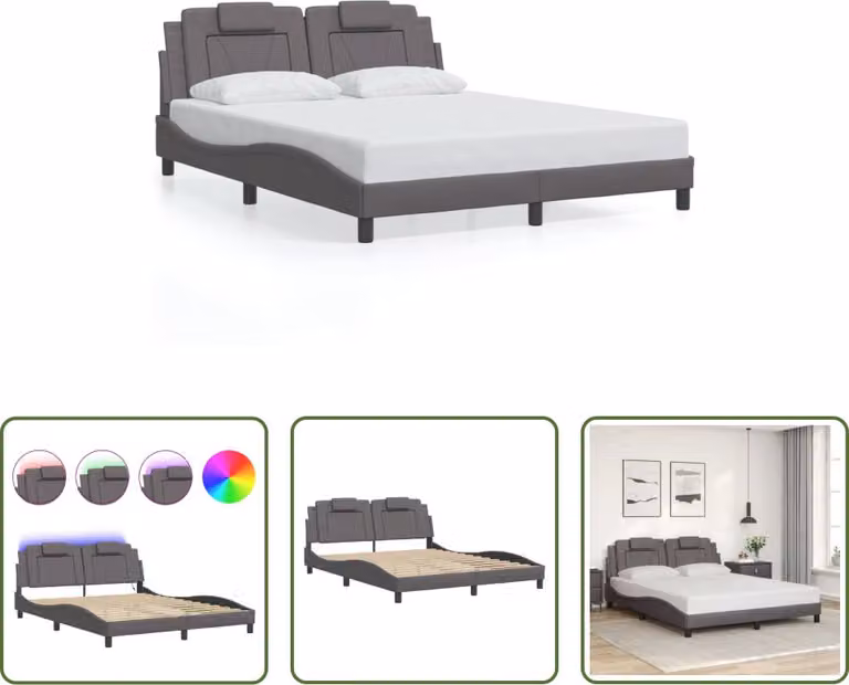 The Living Store Struttura letto con LED Grigio 160x200 cm in ecopelle